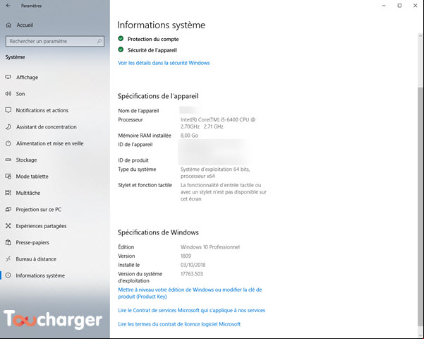 Info système Windows 10 